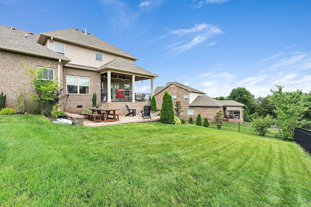 2213 Kirkwall Dr, Nolensville, TN 37135 - back of house with a patio, a fenced backyard, ceiling fan, brick siding, and a shingled roof