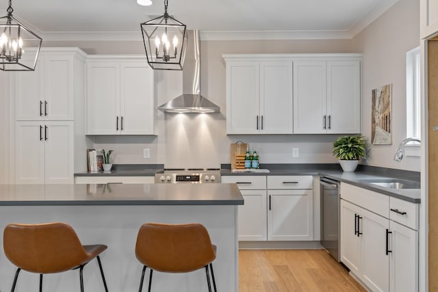 317 Delta Way, La Vergne, TN 37086 - kitchen with wall chimney range hood, a chandelier, stainless steel dishwasher, a breakfast bar area, and ornamental molding