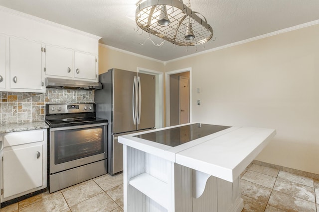 3405 Elder Mountain Rd, Chattanooga, TN 37419 - kitchen with stainless steel appliances, under cabinet range hood, crown molding, white cabinets, and decorative backsplash
