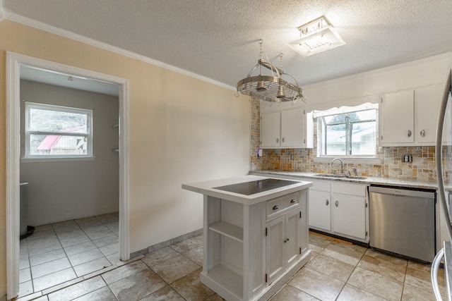 3405 Elder Mountain Rd, Chattanooga, TN 37419 - kitchen with stainless steel dishwasher, backsplash, white cabinets, light countertops, and crown molding