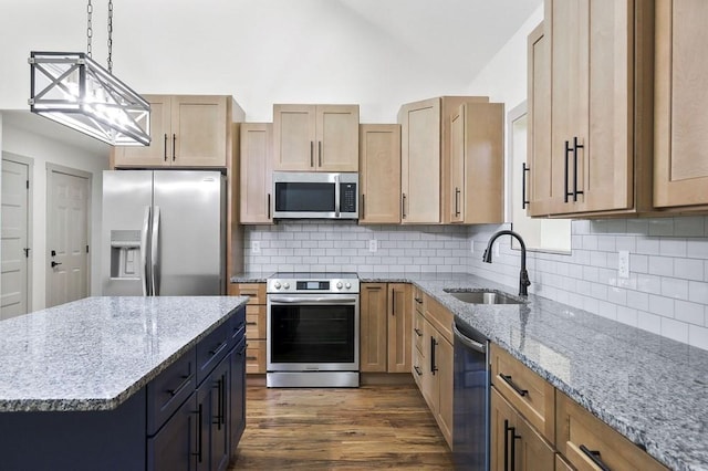 130 Rachelle Pl, Baxter, TN 38544 - kitchen featuring appliances with stainless steel finishes, light stone counters, dark wood-type flooring, tasteful backsplash, and high vaulted ceiling