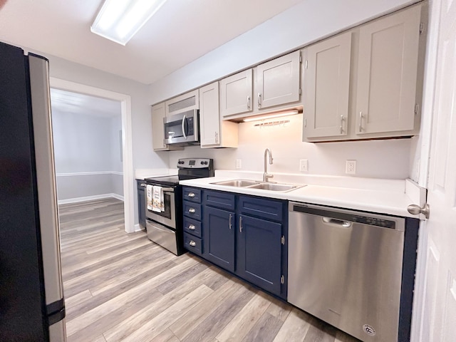 1280 Middle Tennessee Blvd Unit E14, Murfreesboro, TN 37130 - kitchen featuring stainless steel appliances, blue cabinets, light wood-style floors, and light countertops