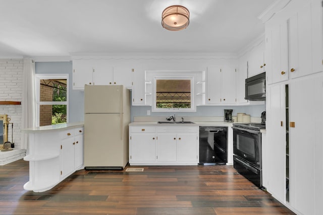 1118 Houston Dr, Murfreesboro, TN 37130 - kitchen featuring black appliances, light countertops, open shelves, white cabinetry, and ornamental molding