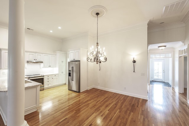 1176 Fairvue Village Ln, Gallatin, TN 37066 - kitchen with stainless steel appliances, light wood-style floors, ornamental molding, under cabinet range hood, and white cabinets