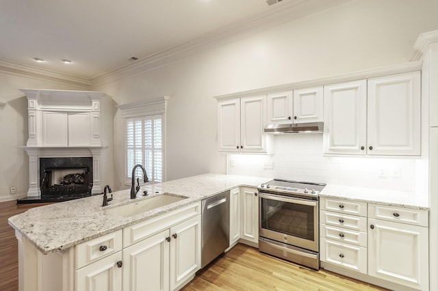 1176 Fairvue Village Ln, Gallatin, TN 37066 - kitchen with appliances with stainless steel finishes, a peninsula, under cabinet range hood, light wood-style flooring, and light stone counters