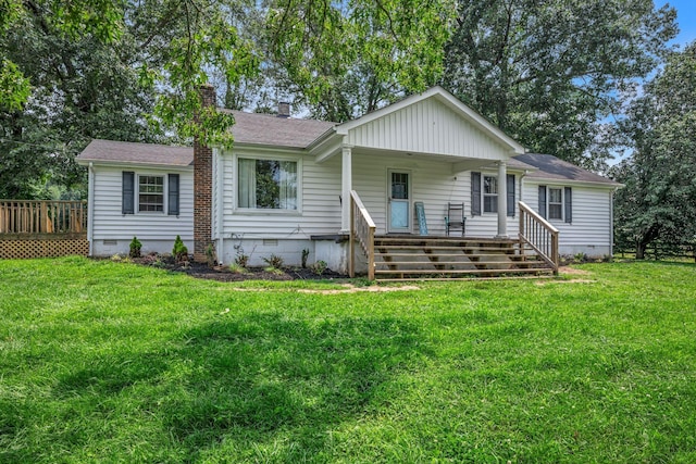 960 Jump Off Rd, Bon Aqua, TN 37025 - view of front facade featuring crawl space, a chimney, covered porch, roof with shingles, and a front yard