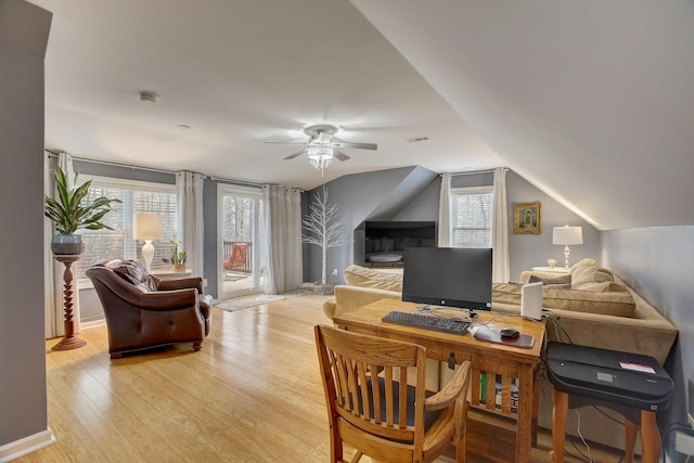 1064 Crane Ct, Kingston Springs, TN 37082 - home office featuring light wood-style flooring, a ceiling fan, and vaulted ceiling