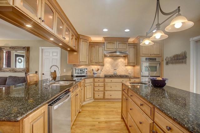 1064 Crane Ct, Kingston Springs, TN 37082 - kitchen with stainless steel appliances, light wood-style floors, glass insert cabinets, under cabinet range hood, and decorative backsplash