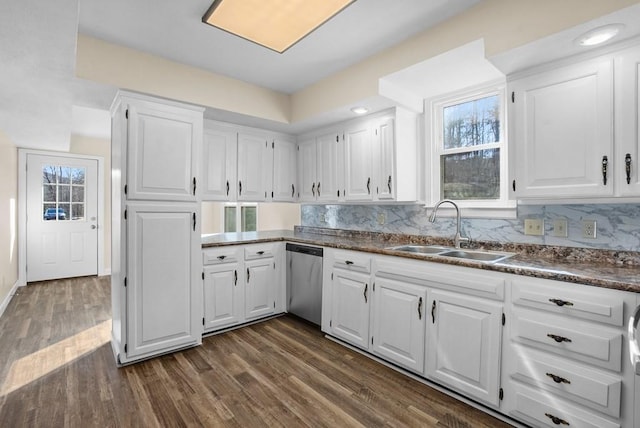 120 Dove Ln, Monroe, TN 38573 - kitchen with stainless steel dishwasher, dark wood finished floors, and white cabinetry