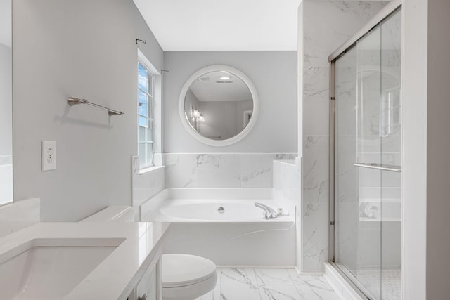 1220 Kelly Ct, Franklin, TN 37064 - full bath featuring marble look tiles, vanity, a garden tub, and a marble finish shower