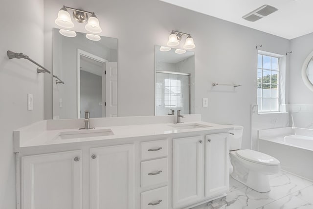 1220 Kelly Ct, Franklin, TN 37064 - full bathroom featuring a stall shower, double vanity, a garden tub, and marble finish flooring
