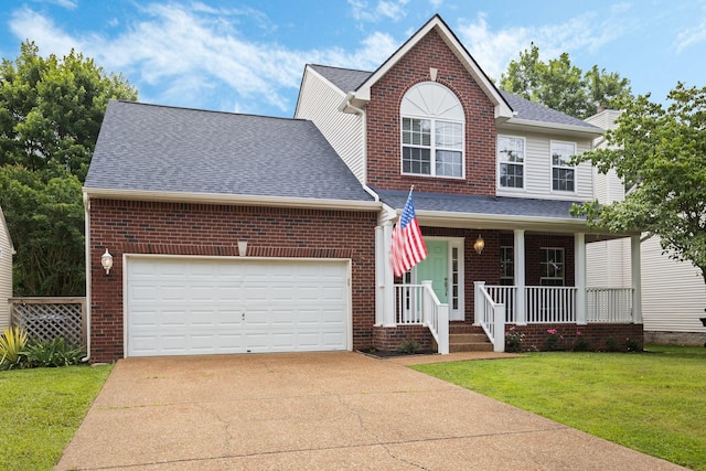 1220 Kelly Ct, Franklin, TN 37064 - traditional home featuring covered porch, concrete driveway, a front lawn, roof with shingles, and brick siding