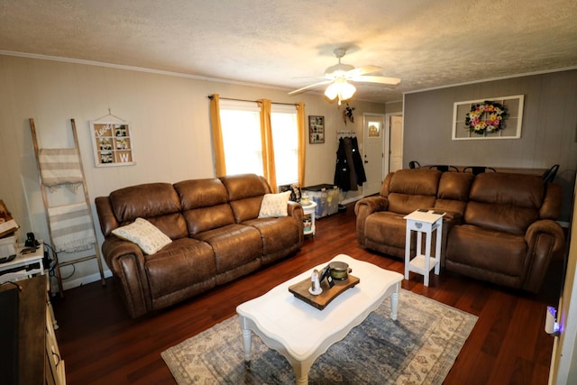 60 Jayson St, Camden, TN 38320 - living area featuring ceiling fan, wood finished floors, ornamental molding, a textured ceiling, and wooden walls