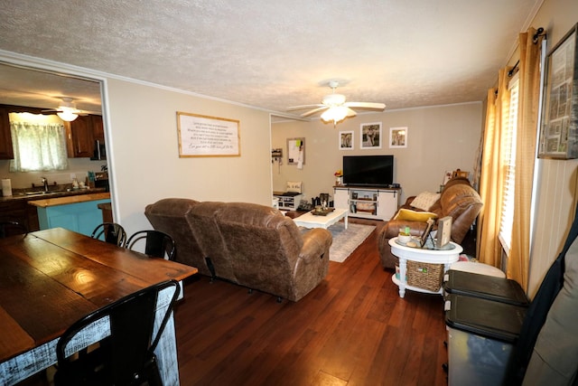 60 Jayson St, Camden, TN 38320 - living room with a ceiling fan, wood finished floors, crown molding, and a textured ceiling
