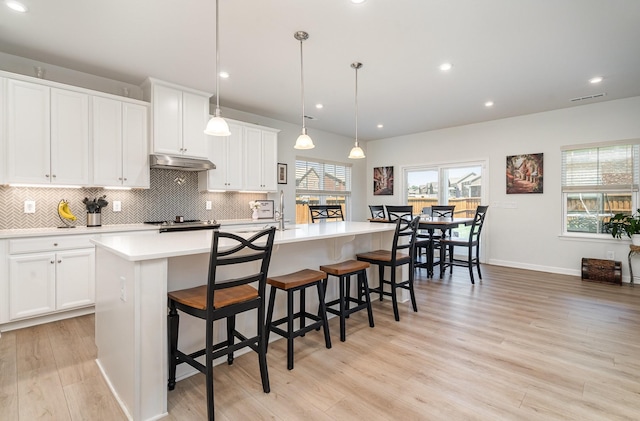 468 Rosy Dale Dr, Gallatin, TN 37066 - kitchen with under cabinet range hood, decorative backsplash, light wood-type flooring, light countertops, and a center island with sink