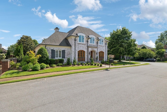 114 Middleton Cir, Nashville, TN 37215 - french country home featuring a chimney, brick siding, and a front lawn