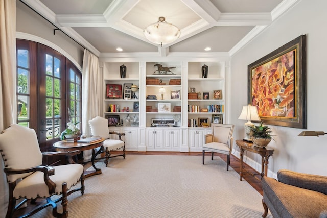 114 Middleton Cir, Nashville, TN 37215 - living area featuring coffered ceiling, ornamental molding, light wood-style flooring, and recessed lighting