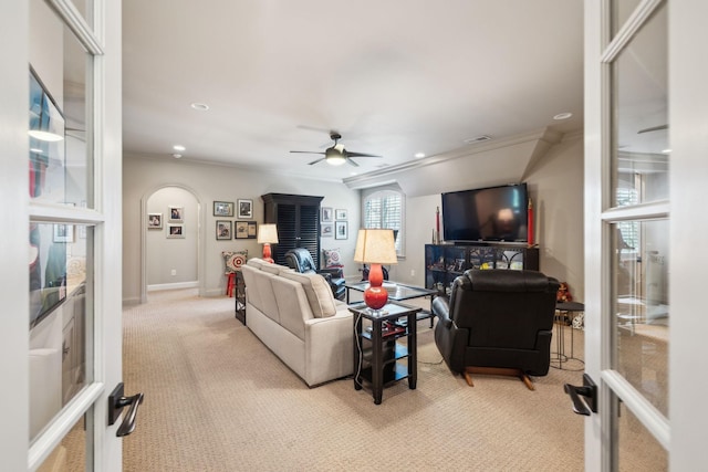 114 Middleton Cir, Nashville, TN 37215 - living area with light carpet, a ceiling fan, ornamental molding, a wood stove, and recessed lighting
