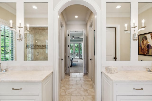 114 Middleton Cir, Nashville, TN 37215 - ensuite bathroom with a stall shower, vanity, ornamental molding, ceiling fan, and recessed lighting