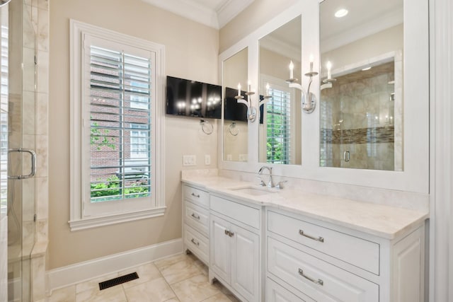114 Middleton Cir, Nashville, TN 37215 - full bathroom with vanity, plenty of natural light, a shower stall, a chandelier, and ornamental molding