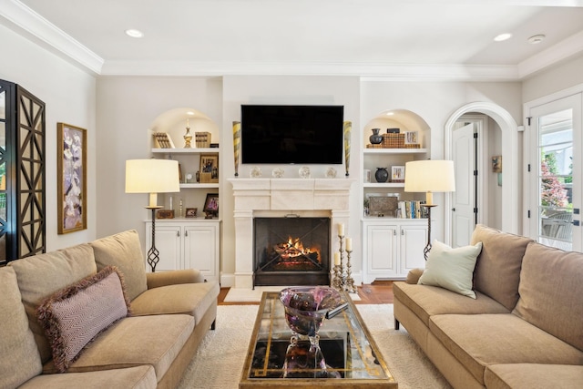 114 Middleton Cir, Nashville, TN 37215 - living room featuring light wood-style floors, a fireplace, crown molding, built in features, and recessed lighting
