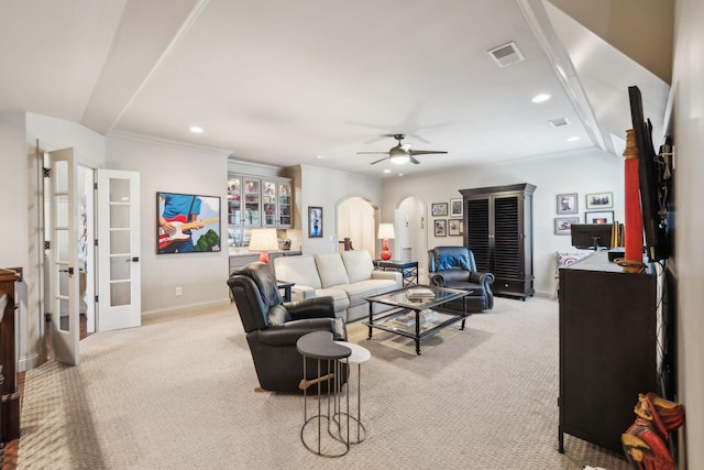 114 Middleton Cir, Nashville, TN 37215 - living area with arched walkways, light colored carpet, ceiling fan, french doors, and recessed lighting