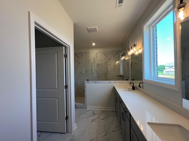 1720 Merkel Rd, Columbia, TN 38401 - bathroom featuring marble look tiles, double vanity, a walk in shower, and recessed lighting