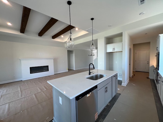 1720 Merkel Rd, Columbia, TN 38401 - kitchen featuring stainless steel dishwasher, oven, white cabinets, pendant lighting, and a center island with sink