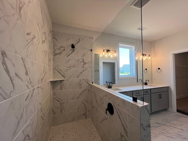1720 Merkel Rd, Columbia, TN 38401 - bathroom featuring walk in shower, marble finish floors, double vanity, and a walk in closet