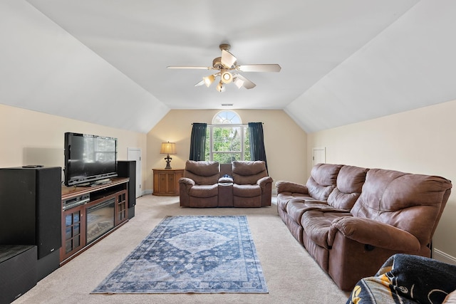 604 Applejack Ct, Antioch, TN 37013 - living room featuring light carpet, lofted ceiling, and ceiling fan