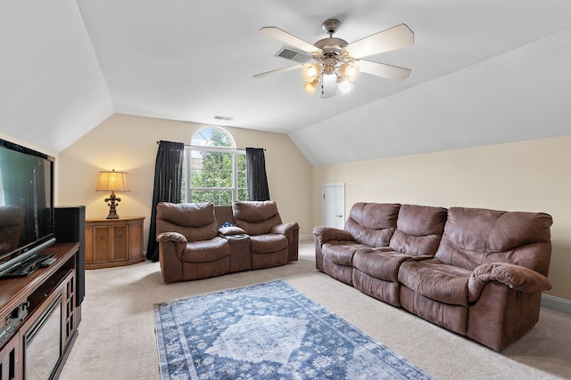 604 Applejack Ct, Antioch, TN 37013 - living room with light carpet, lofted ceiling, and a ceiling fan