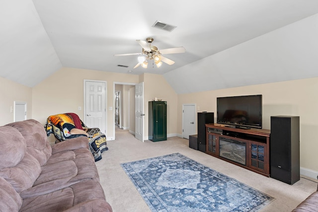 604 Applejack Ct, Antioch, TN 37013 - living room featuring carpet flooring, lofted ceiling, and a ceiling fan