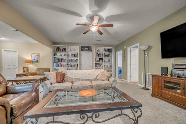 1013 Laurel Hills Dr, Dickson, TN 37055 - carpeted living room featuring a ceiling fan and built in shelves