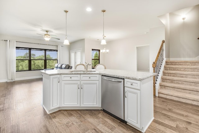 835 Meadowcrest Way, Lebanon, TN 37090 - kitchen with dishwasher, ceiling fan, open floor plan, pendant lighting, and wood finished floors