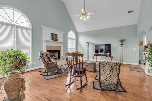 8013 Rosemere Way, Chattanooga, TN 37421 - living room with high vaulted ceiling, a fireplace, ceiling fan, and light wood-type flooring