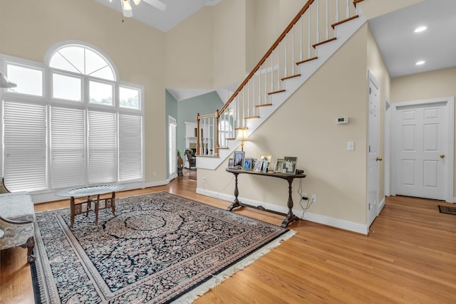 8013 Rosemere Way, Chattanooga, TN 37421 - foyer entrance featuring stairway, light wood-type flooring, ceiling fan, a high ceiling, and recessed lighting
