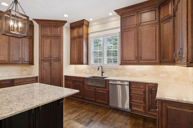 703 Welsh Ln, Franklin, TN 37064 - kitchen featuring dishwasher, light stone counters, backsplash, recessed lighting, and dark wood-style flooring
