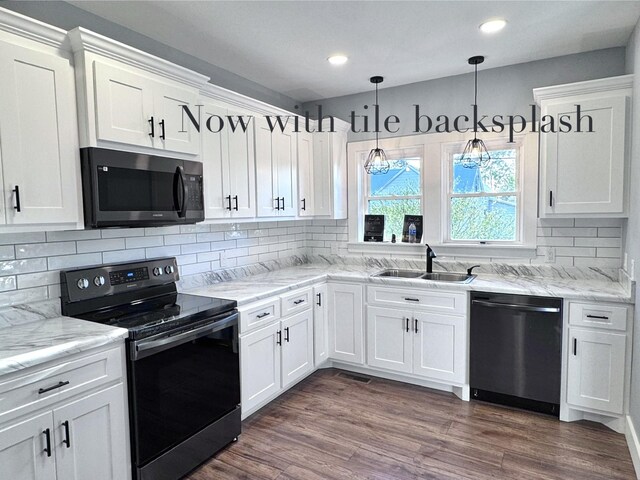 222 Groh St, Lawrenceburg, TN 38464 - kitchen featuring black microwave, electric stove, dishwasher, white cabinets, and recessed lighting