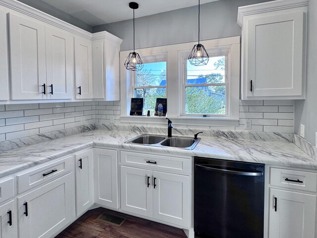 222 Groh St, Lawrenceburg, TN 38464 - kitchen with dishwashing machine, white cabinetry, backsplash, pendant lighting, and dark wood finished floors