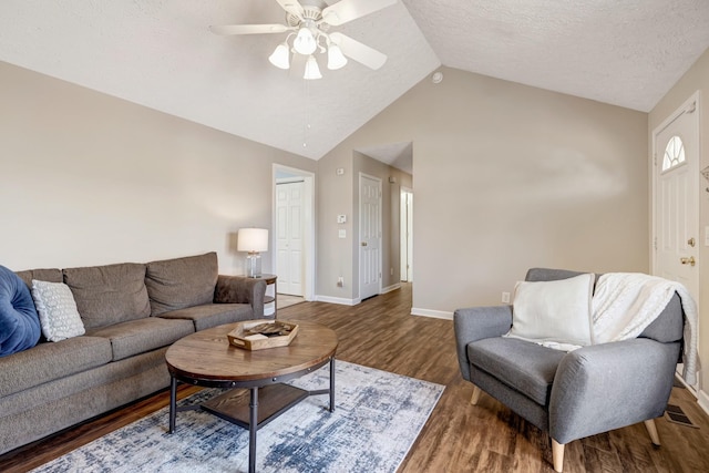 109 New Haven Ct, Nashville, TN 37214 - living area featuring wood finished floors, a ceiling fan, a textured ceiling, and high vaulted ceiling