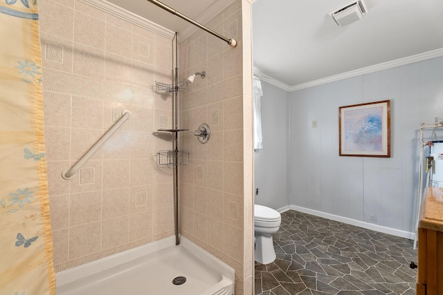 75 Lakeside Dr, Rock Island, TN 38581 - full bathroom featuring ornamental molding, a tile shower, and stone finish floors