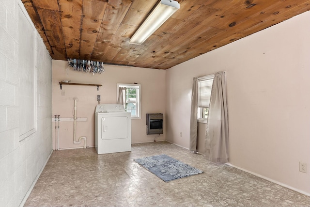 75 Lakeside Dr, Rock Island, TN 38581 - laundry area featuring washer / clothes dryer, heating unit, and wood ceiling