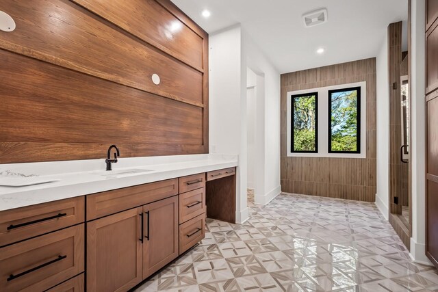 6628 Bethesda Arno Rd, Thompsons Station, TN 37179 - bathroom with a stall shower, vanity, and recessed lighting