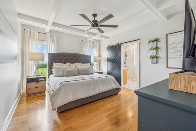 4080 Coles Ferry Pike, Lebanon, TN 37087 - bedroom featuring coffered ceiling, a barn door, beamed ceiling, light wood-type flooring, and ensuite bath