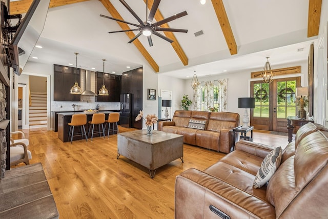 4080 Coles Ferry Pike, Lebanon, TN 37087 - living room with beamed ceiling, a ceiling fan, light wood finished floors, high vaulted ceiling, and recessed lighting