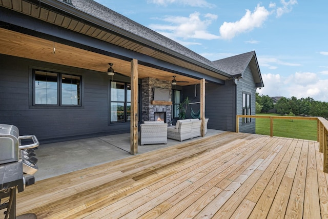 4080 Coles Ferry Pike, Lebanon, TN 37087 - wooden terrace featuring a ceiling fan, an outdoor living space with a fireplace, and a patio