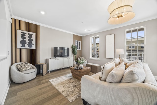 2101 Branford Pl Unit 201, Thompsons Station, TN 37179 - living room with ornamental molding, wood finished floors, a chandelier, and recessed lighting