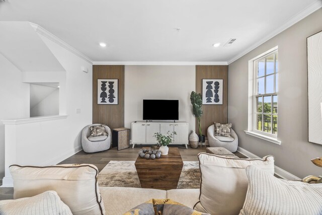 2101 Branford Pl Unit 201, Thompsons Station, TN 37179 - living area with crown molding, recessed lighting, and wood finished floors