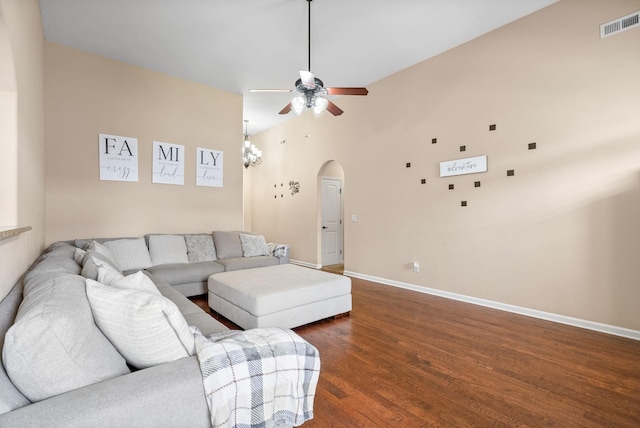 3351 Cotham Ln, Clarksville, TN 37042 - living room with arched walkways, ceiling fan, wood finished floors, and high vaulted ceiling