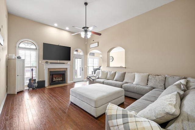 3351 Cotham Ln, Clarksville, TN 37042 - living area with a towering ceiling, wood-type flooring, ceiling fan, recessed lighting, and a fireplace with flush hearth